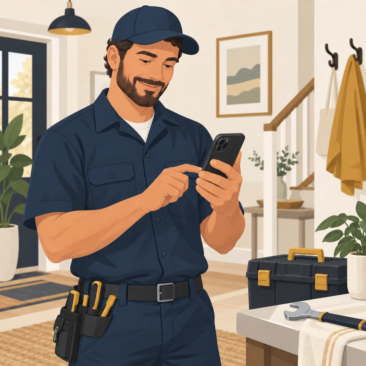 Technician checking phone after marking job done