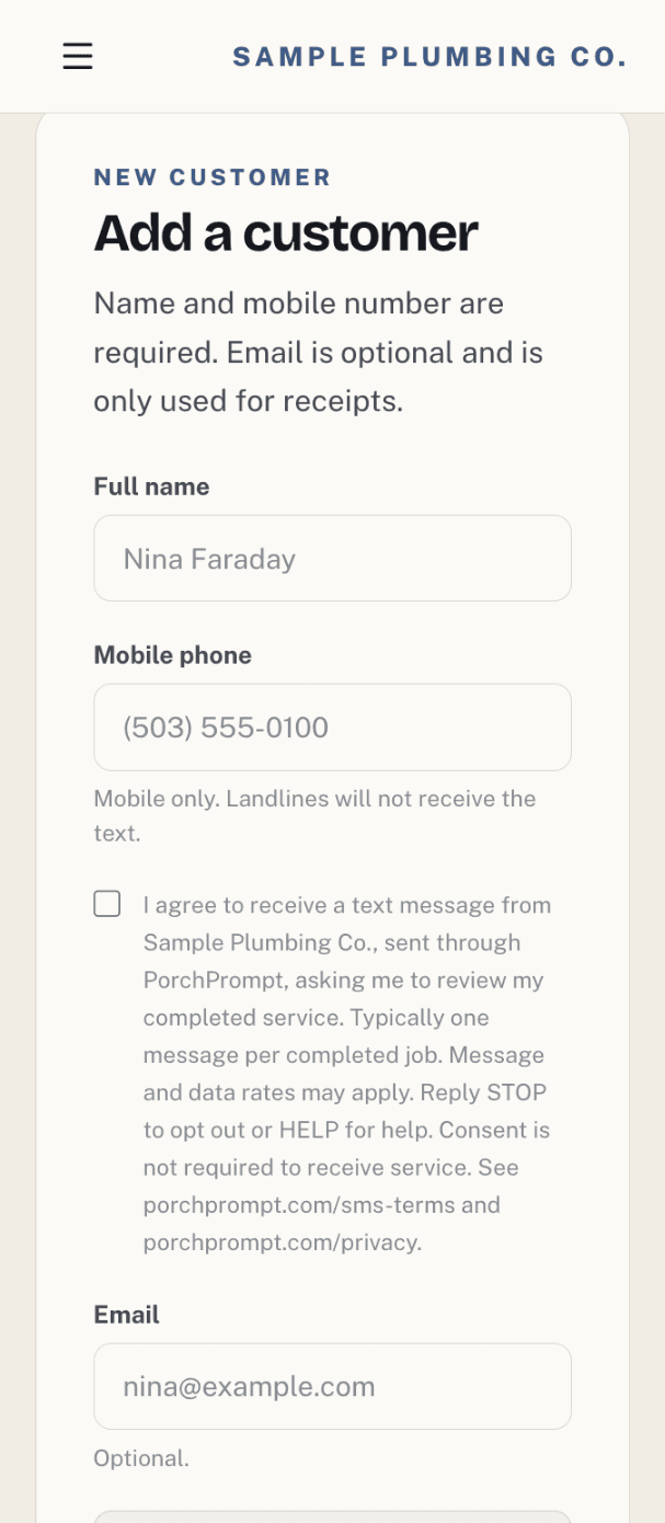 PorchPrompt's Add a customer form on a phone, for the business Sample Plumbing Co. The SMS consent box is unchecked, and the consent disclosure is shown beside it.